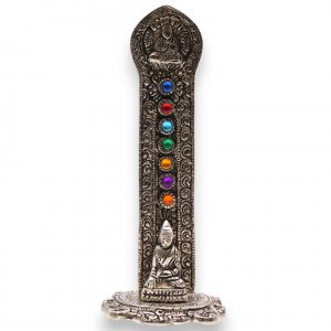 Porte-encens Bouddha en tour des sept chakras, vue de face avec pierres colorées