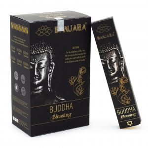 Étui d’encens Banjara Bouddha Bénédiction noir et doré avec illustration de Bouddha, bâtonnets pour méditation, gratitude et rituel spirituel