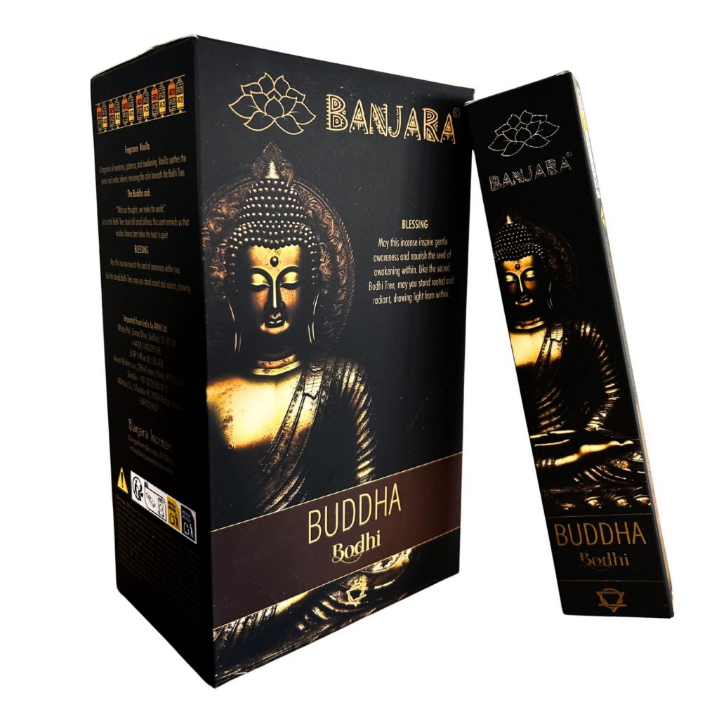 Étui d’encens Banjara Bouddha Bodhi noir et doré avec illustration de Bouddha, bâtonnets pour méditation, sagesse et ambiance spirituelle sacrée