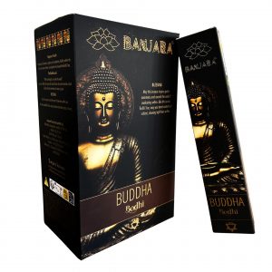 Étui d’encens Banjara Bouddha Bodhi noir et doré avec illustration de Bouddha, bâtonnets pour méditation, sagesse et ambiance spirituelle sacrée