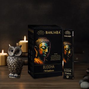 Étui d’encens Banjara Bouddha Sagesse avec bâtonnets dorés, packaging noir et or pour méditation, yoga et ambiance spirituelle