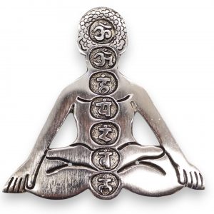 Porte-encens en aluminium argenté, silhouette de yoga aux sept chakras, vue de face