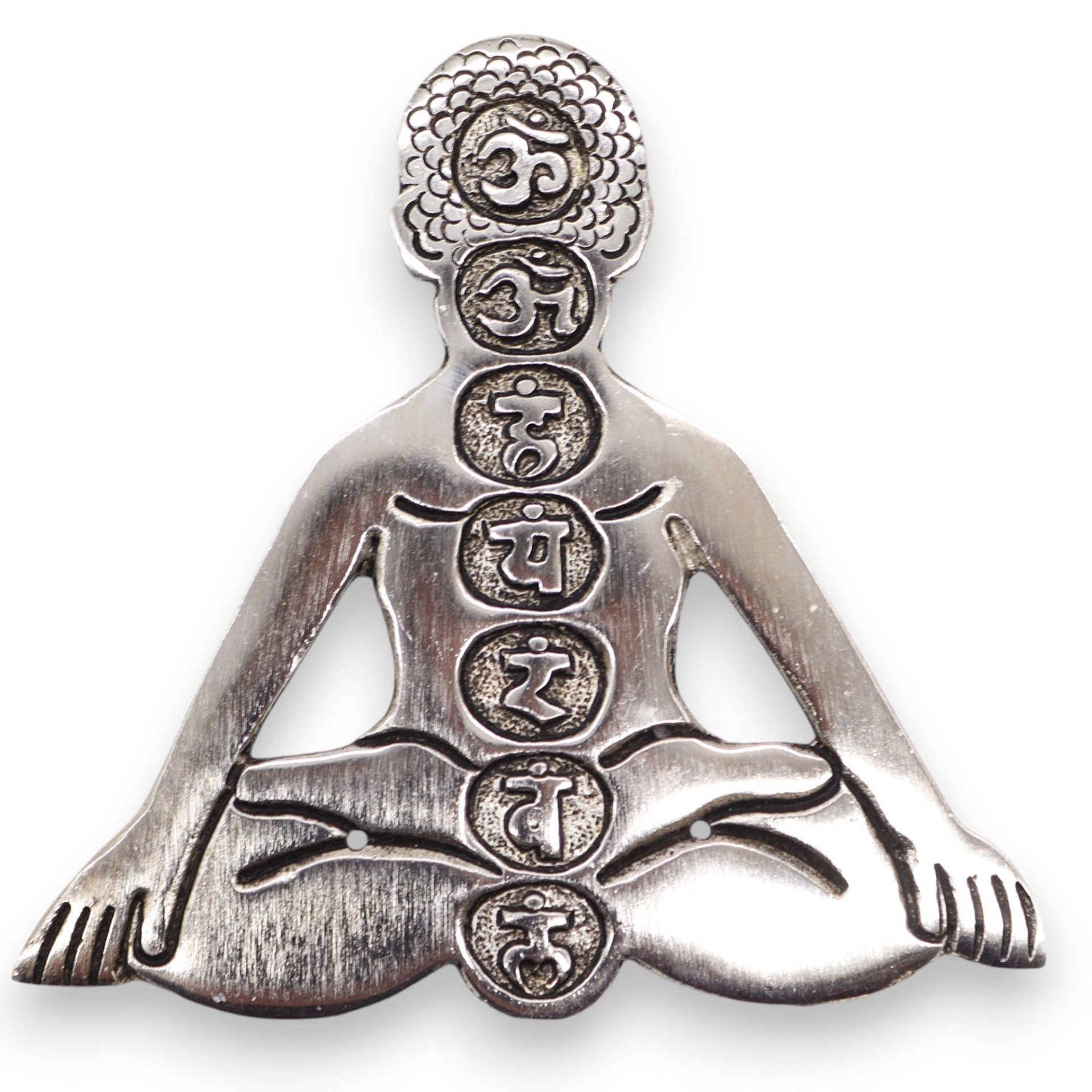 Porte-encens en aluminium argenté, silhouette de yoga aux sept chakras, vue de face