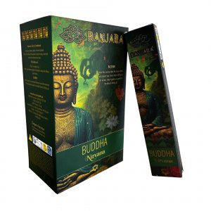 Étui d’encens Banjara Bouddha Nirvana vert noir et doré avec illustration de Bouddha, bâtonnets pour méditation, paix intérieure et ambiance spirituelle apaisante