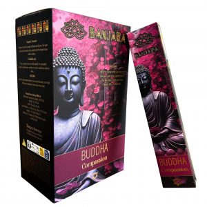 Étui d’encens Banjara Bouddha Compassion avec illustration rose de Bouddha, bâtonnets pour méditation, rituel d’amour et ambiance spirituelle apaisante