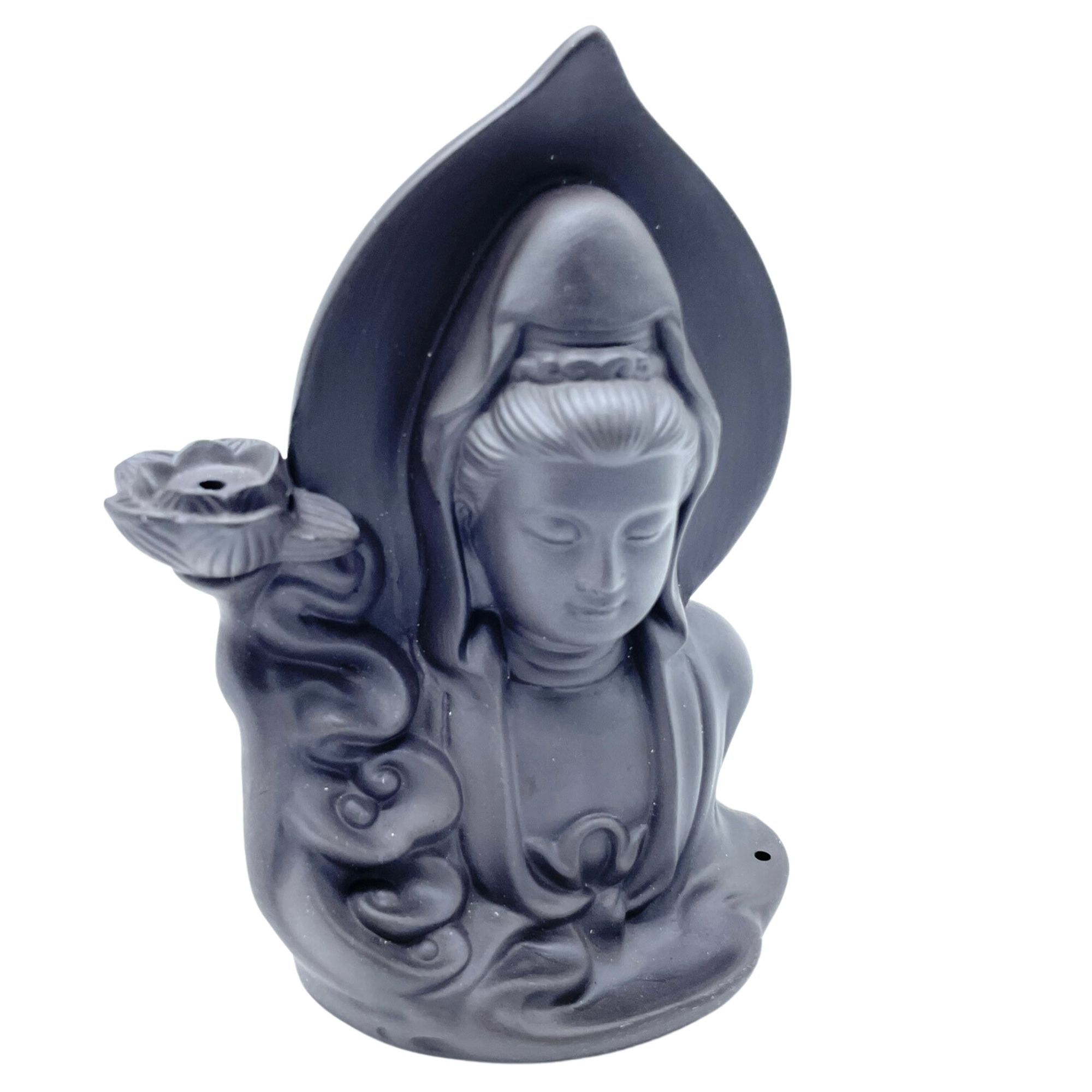 Brûleur d'encens à reflux en céramique en forme de Bouddha serein, vue de face