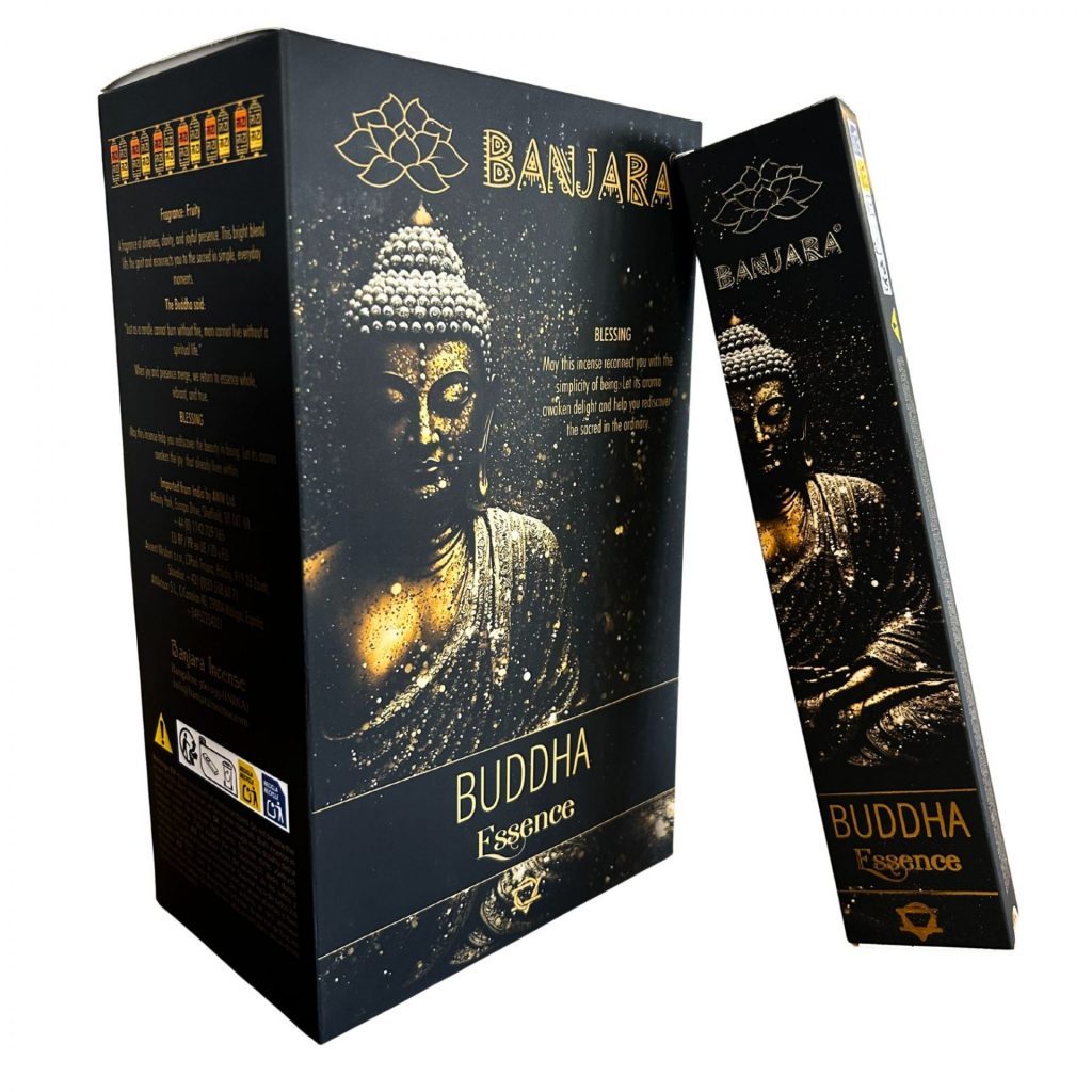 Étui d’encens Banjara Bouddha Essence noir et doré avec illustration de Bouddha, bâtonnets pour méditation, introspection et ambiance spirituelle apaisante
