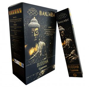 Étui d’encens Banjara Bouddha Essence noir et doré avec illustration de Bouddha, bâtonnets pour méditation, introspection et ambiance spirituelle apaisante