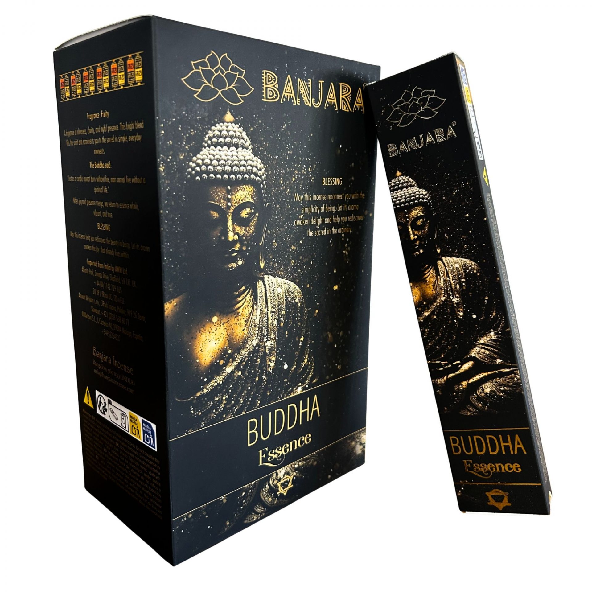 Étui d’encens Banjara Bouddha Essence noir et doré avec illustration de Bouddha, bâtonnets pour méditation, introspection et ambiance spirituelle apaisante