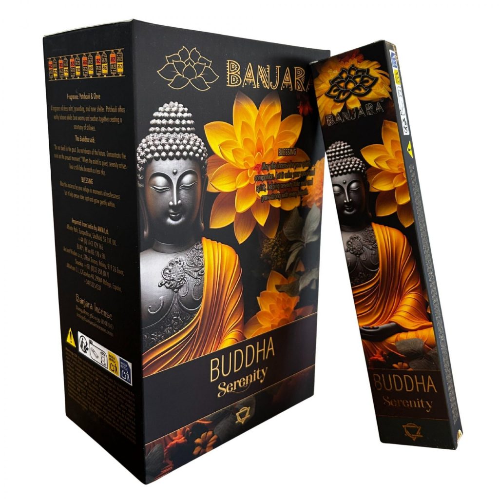 Étui d’encens Banjara Bouddha Sérénité avec illustration de Bouddha et fleur dorée, bâtonnets pour méditation, relaxation et ambiance spirituelle