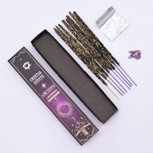 Boîte d’encens lavande Amethyst Crystal Scents avec 10 bâtonnets parfumés, éclats d’améthyste et étui ésotérique violet décoratif
