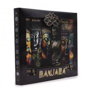 Coffret cadeau Encens Banjara Bouddha noir avec 6 étuis d’encens assortis illustrés, pour méditation, rituel et ambiance spirituelle