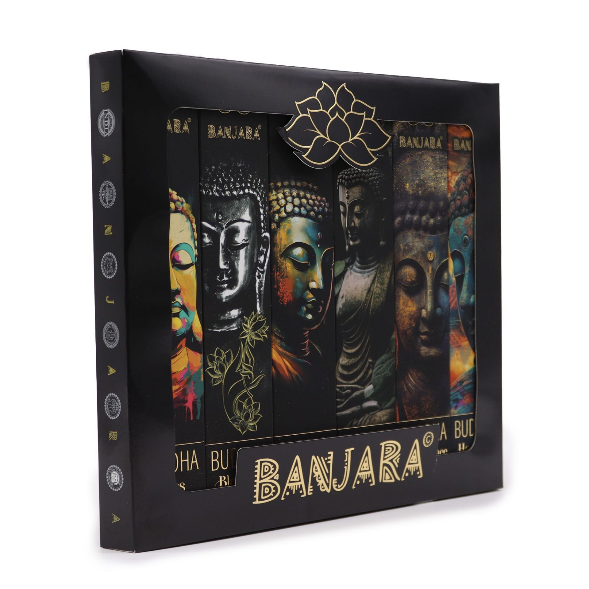 Coffret cadeau Encens Banjara Bouddha noir avec 6 étuis d’encens assortis illustrés, pour méditation, rituel et ambiance spirituelle