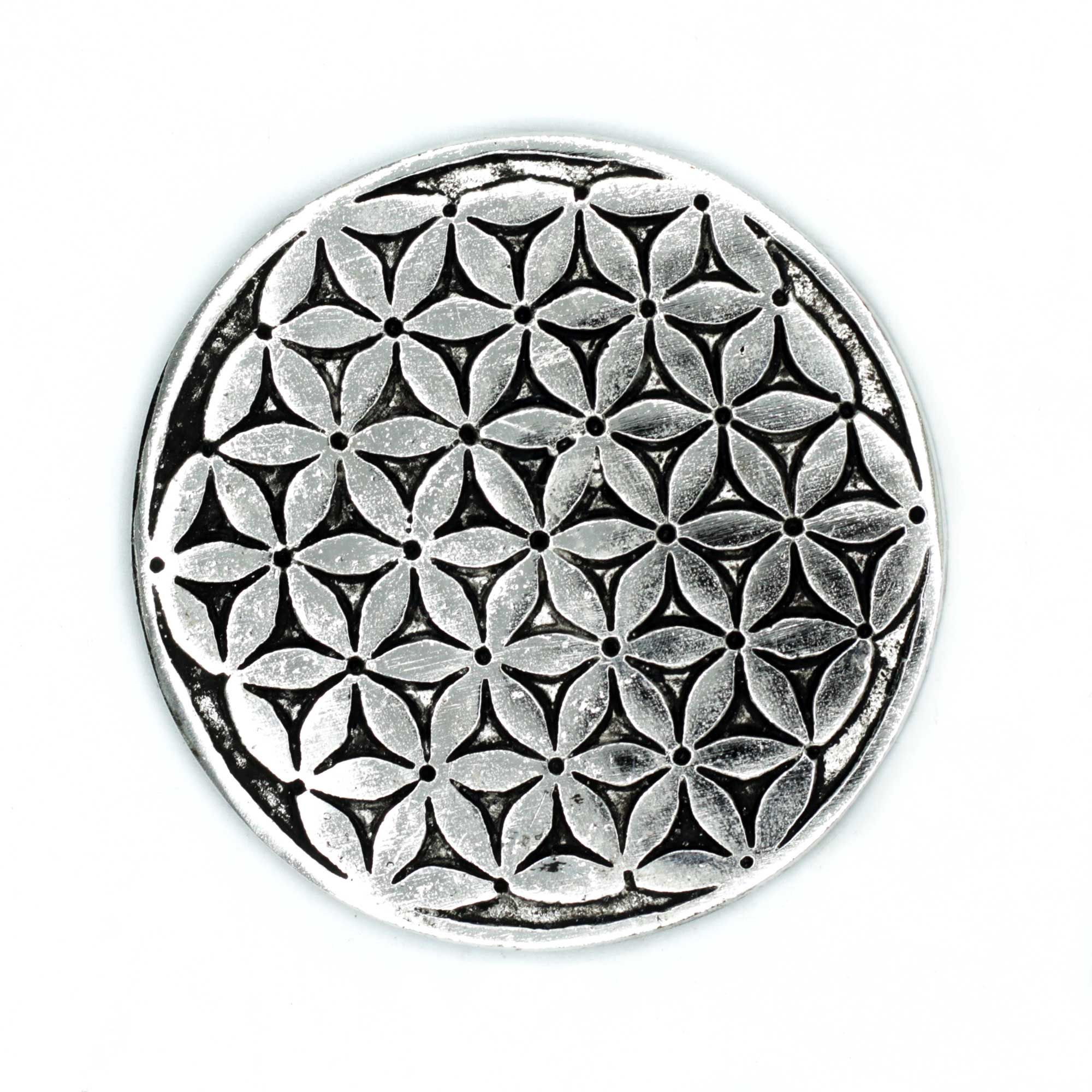 Porte-encens en aluminium 11 cm au motif Fleur de Vie ajouré, vue de face
