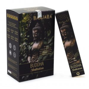 Étui d’encens Banjara Bouddha Méditation noir et doré avec illustration de Bouddha, bâtonnets pour pleine conscience, yoga et ambiance spirituelle apaisante