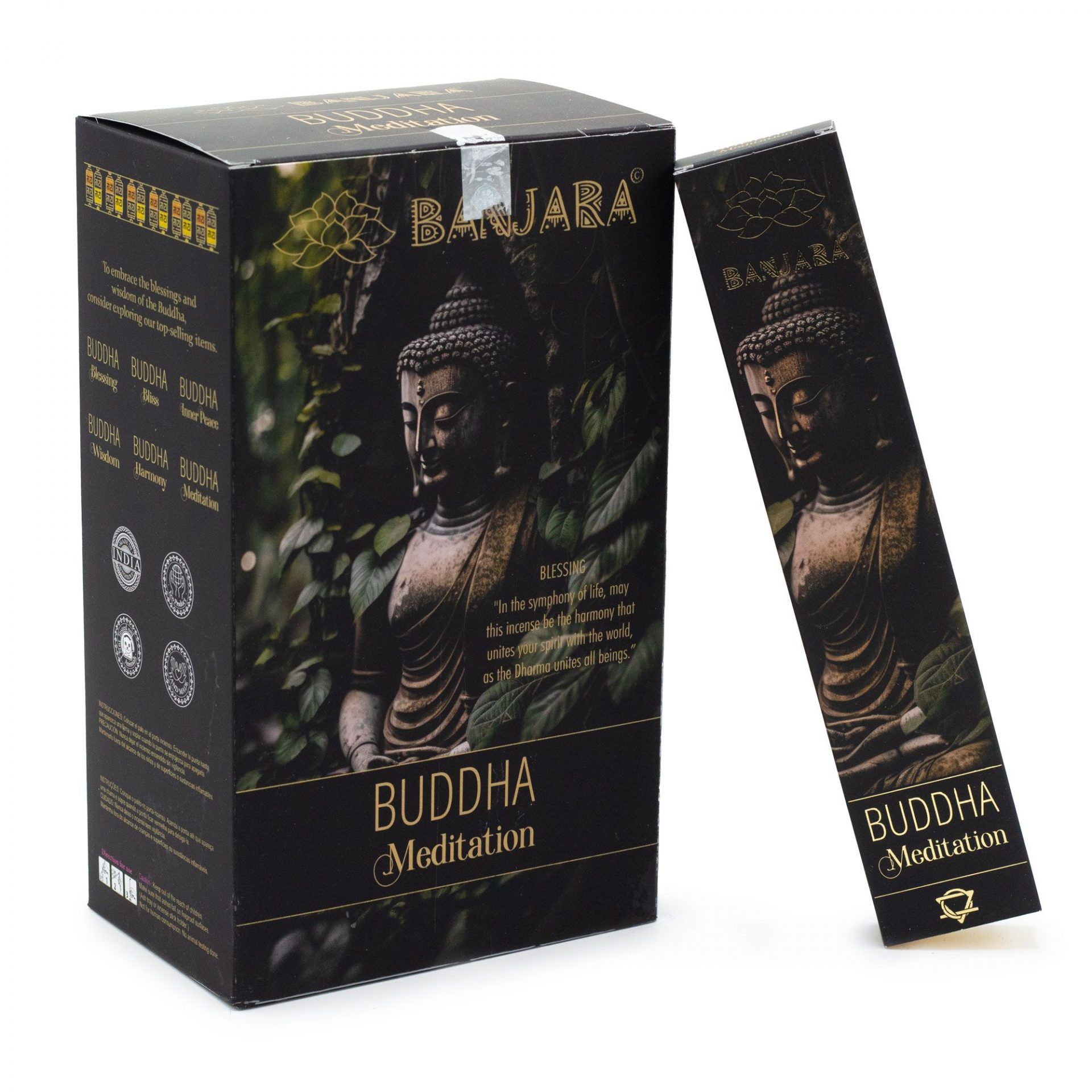 Étui d’encens Banjara Bouddha Méditation noir et doré avec illustration de Bouddha, bâtonnets pour pleine conscience, yoga et ambiance spirituelle apaisante