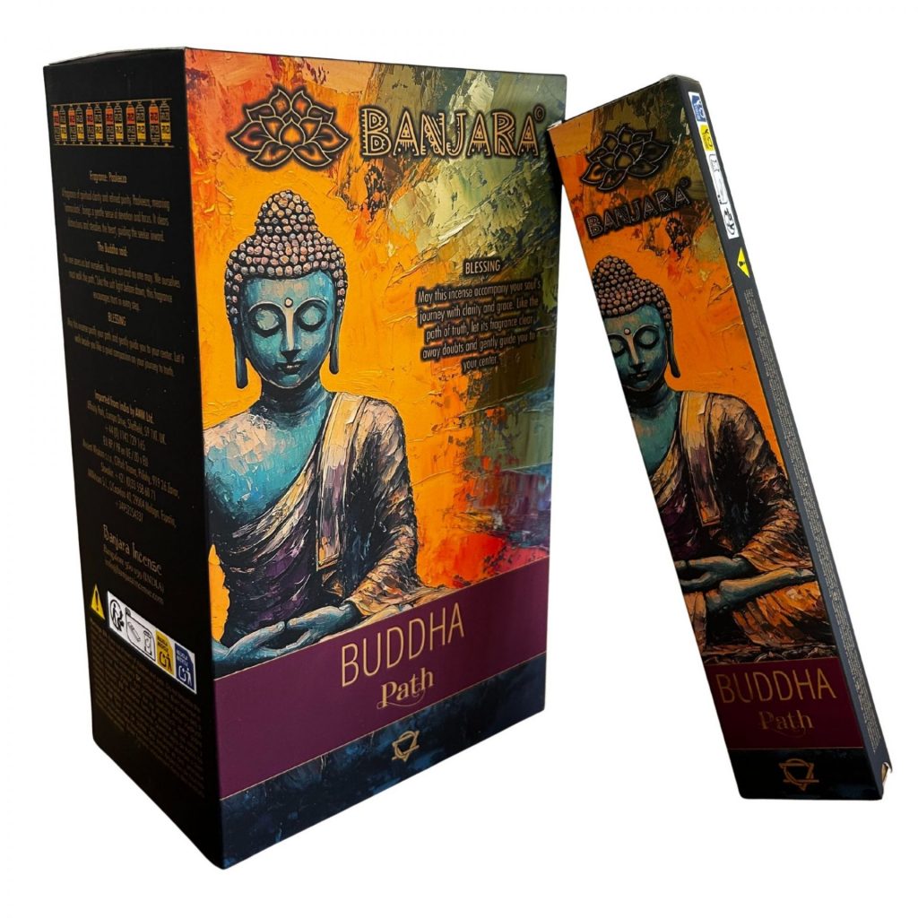 Étui d’encens Banjara Bouddha Chemin avec illustration colorée de Bouddha, bâtonnets pour méditation, rituel de nouveau départ et ambiance spirituelle