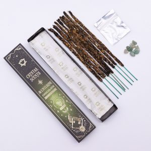 Boîte d’encens chocolat Crystal Scents avec 10 bâtonnets parfumés, éclats d’aventurine et étui ésotérique vert décoratif