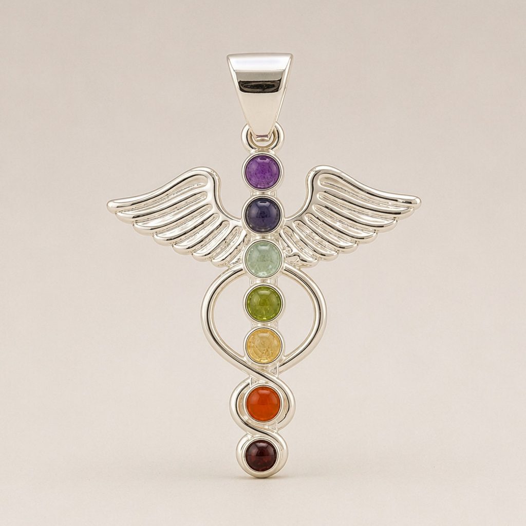 Collier avec pendentif ailes d’ange et sept pierres naturelles colorées représentant les chakras