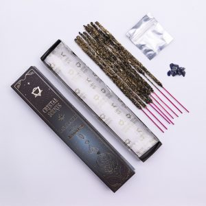 Boîte d’encens au musc Lapis Crystal Scents avec 10 bâtonnets parfumés, éclats de lapis-lazuli et étui ésotérique bleu décoratif