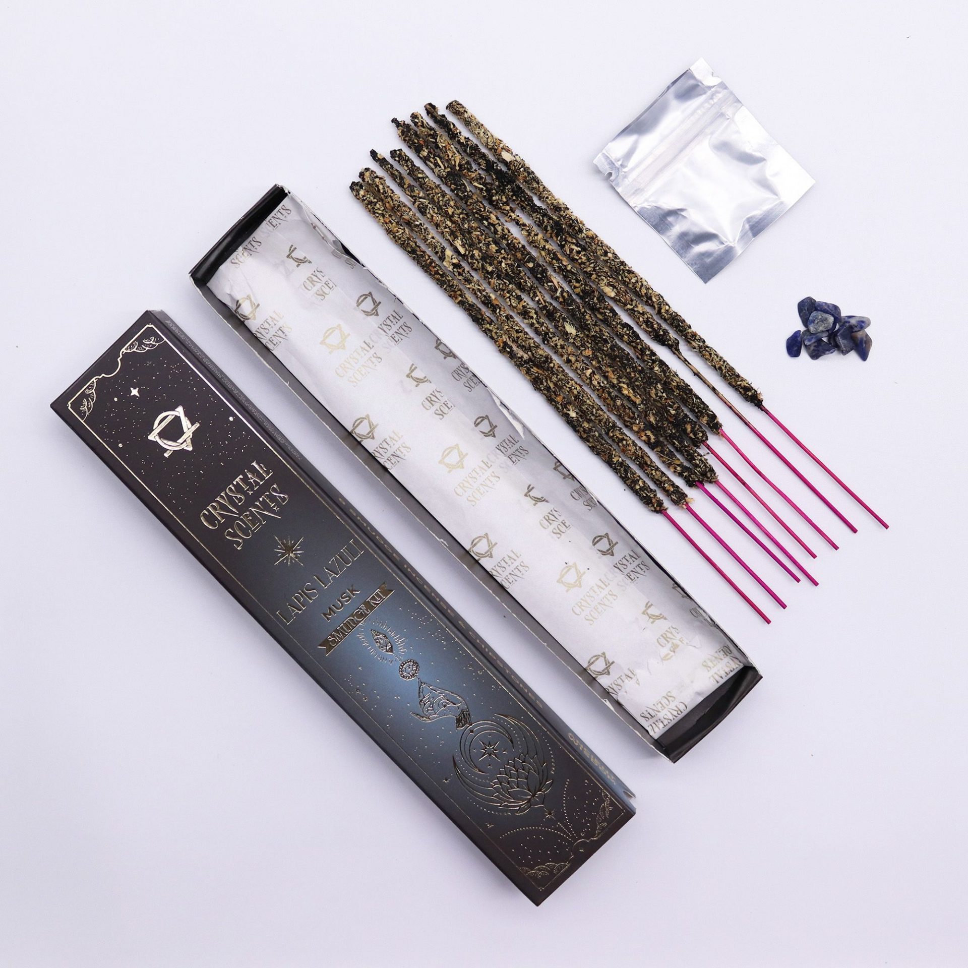 Boîte d’encens au musc Lapis Crystal Scents avec 10 bâtonnets parfumés, éclats de lapis-lazuli et étui ésotérique bleu décoratif