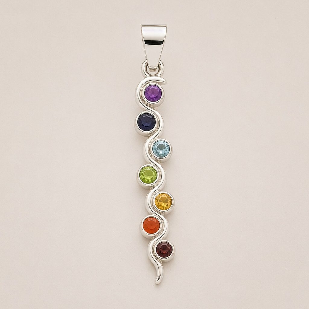 Pendentif serpent argenté orné de sept pierres naturelles aux couleurs des chakras