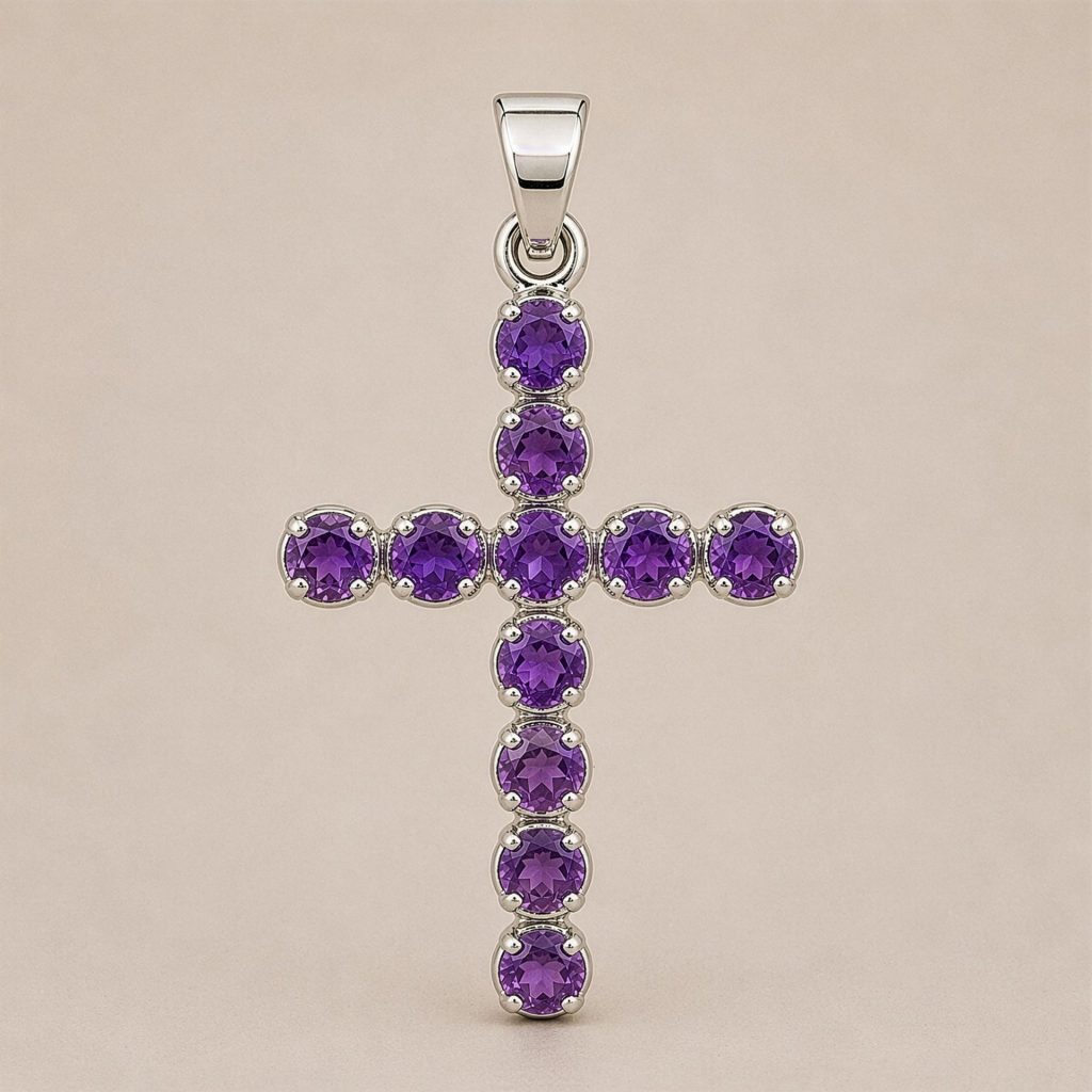 Pendentif Crucifix en Améthyste Plaqué Argent – Collier Dévotionnel Indien avec Chaîne 45 cm