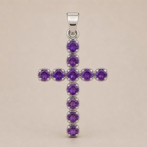 Pendentif Crucifix en Améthyste Plaqué Argent – Collier Dévotionnel Indien avec Chaîne 45 cm