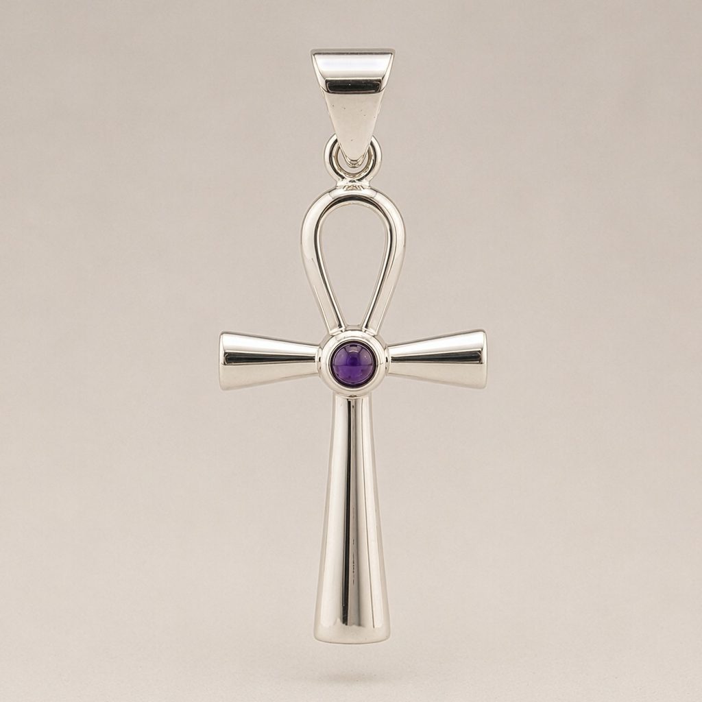 Pendentif Ankh argenté avec améthyste naturelle violette au centre