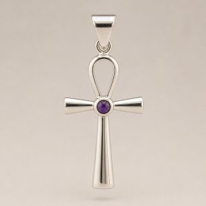 Pendentif Ankh argenté avec améthyste naturelle violette au centre