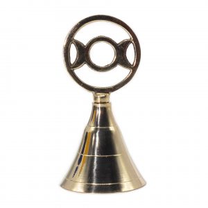 Cloche d’autel en laiton doré avec symbole Trois Lunes ajouré, objet rituel lunaire pour autel spirituel, méditation et féminin sacré