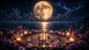Photographie cinématographique panoramique représentant une immense pleine lune dorée au-dessus d’un océan calme, dont la lumière se reflète sur l’eau. Au premier plan, un espace rituel est composé de cristaux violets et transparents, de bougies, de fleurs et de motifs sacrés. Le ciel étoilé bleu indigo et les lueurs dorées créent une atmosphère mystique évoquant le rituel de pleine lune, l’énergie spirituelle, le féminin sacré et l’abondance.