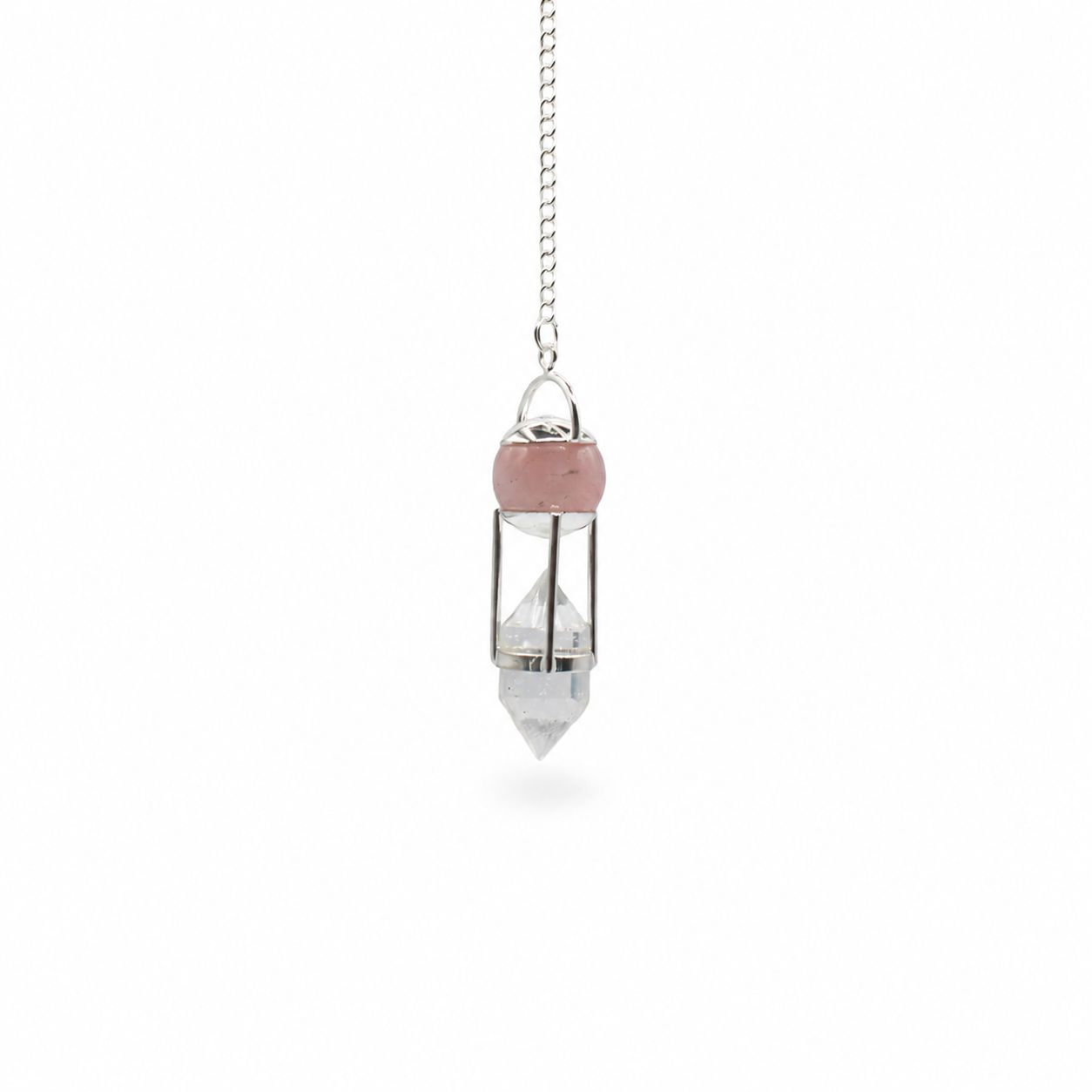 Le Pendule qui Murmure au Cœur – Globe Quartz Rose & Quartz Clair Double Terminaison – Image 2