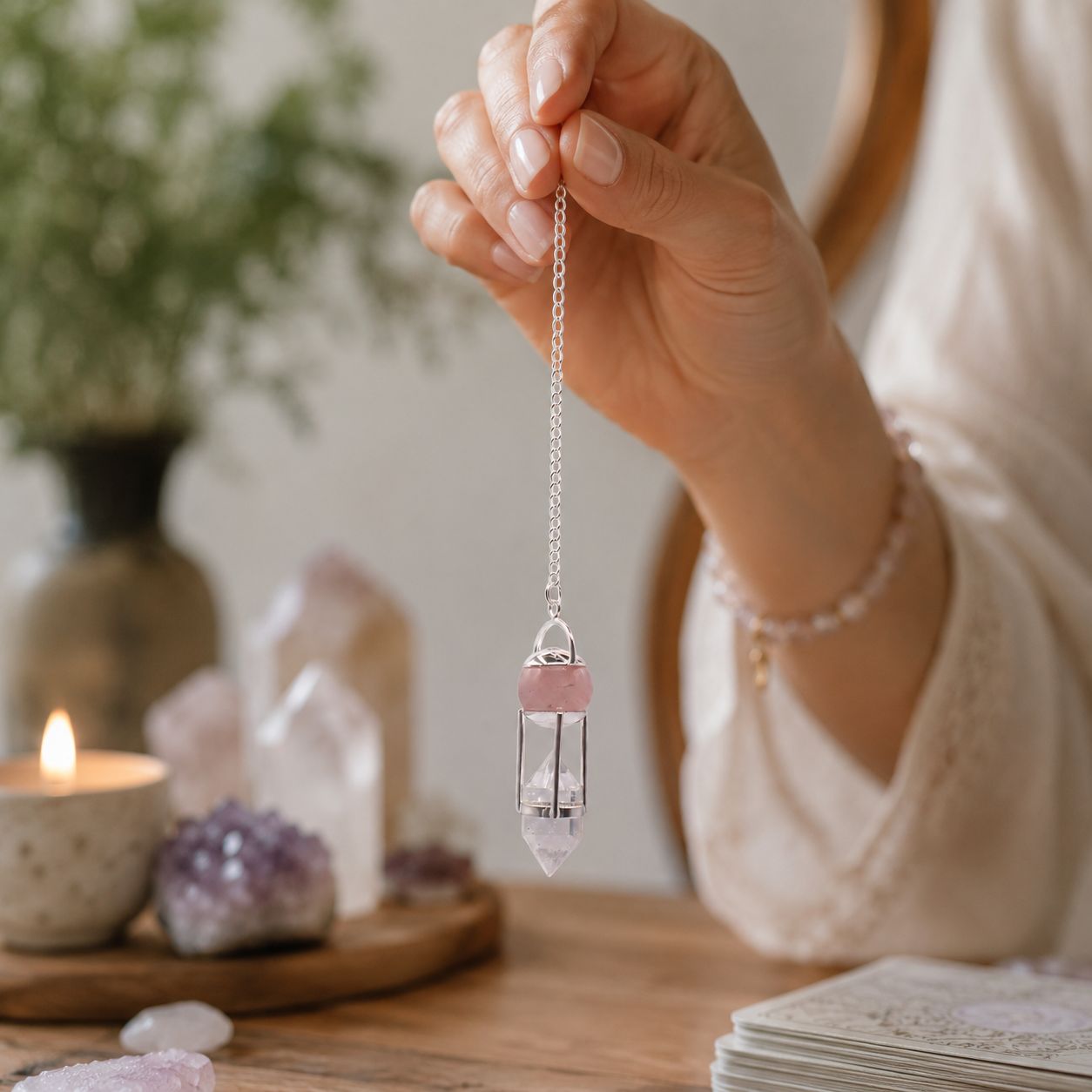 Le Pendule qui Murmure au Cœur – Globe Quartz Rose & Quartz Clair Double Terminaison – Image 3