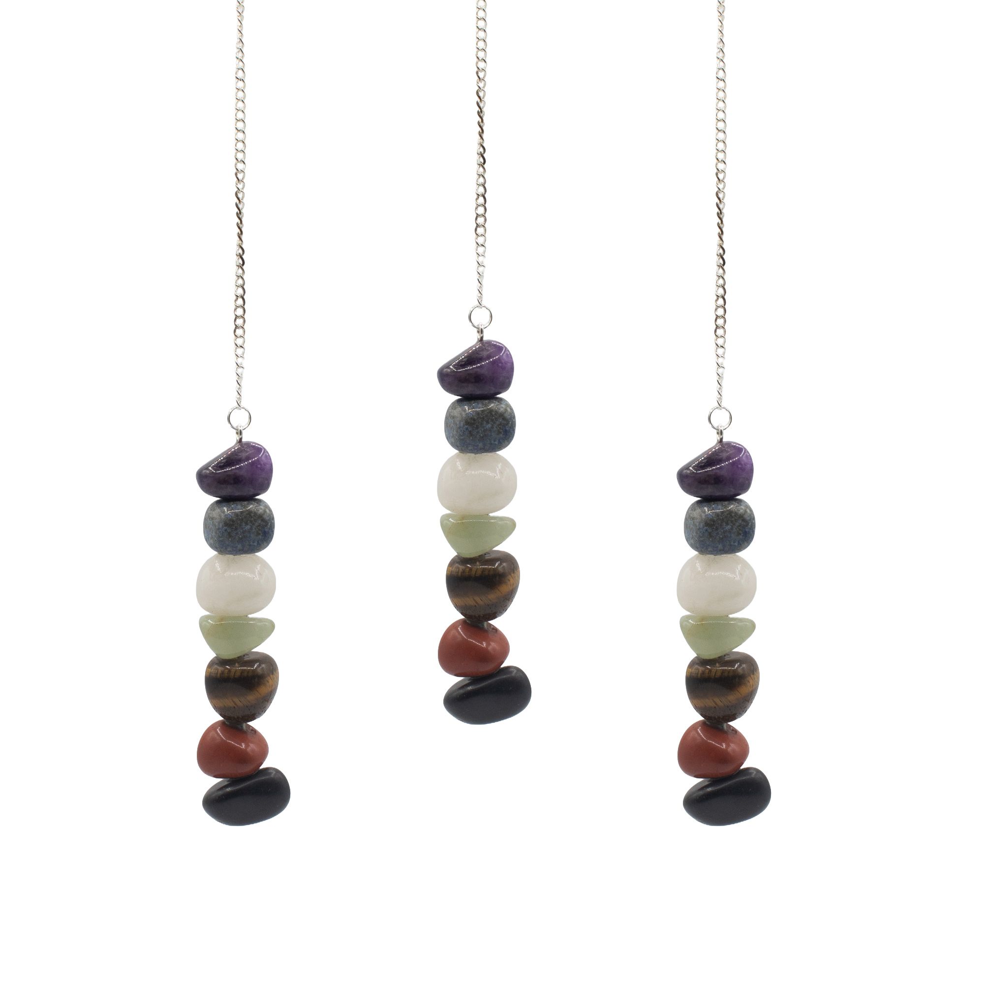 Pendule Sept Chakras en Cascade, sept pierres roulées naturelles empilées – Lumen Arca