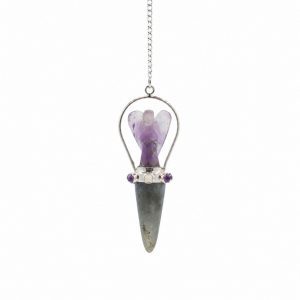 Pendule ange en améthyste avec pointe en labradorite polie – coffret Le Passage des Voiles Lumen Arca