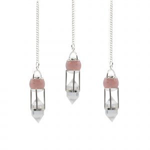 Pendule Le Pendule qui Murmure au Cœur, globe en quartz rose et pointe quartz clair double terminaison – Lumen Arca
