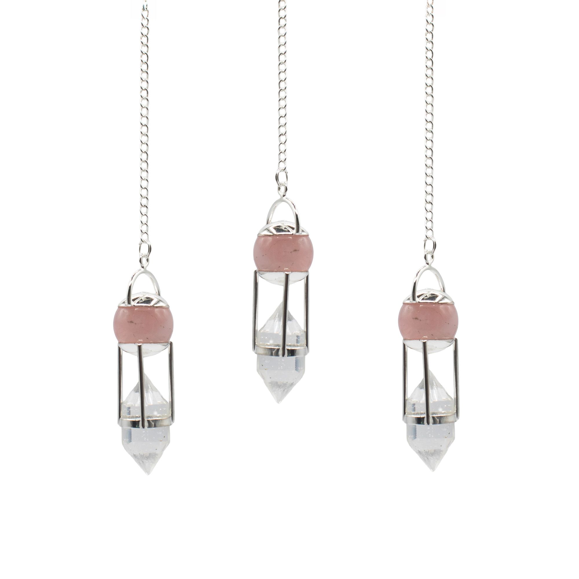 Pendule Le Pendule qui Murmure au Cœur, globe en quartz rose et pointe quartz clair double terminaison – Lumen Arca