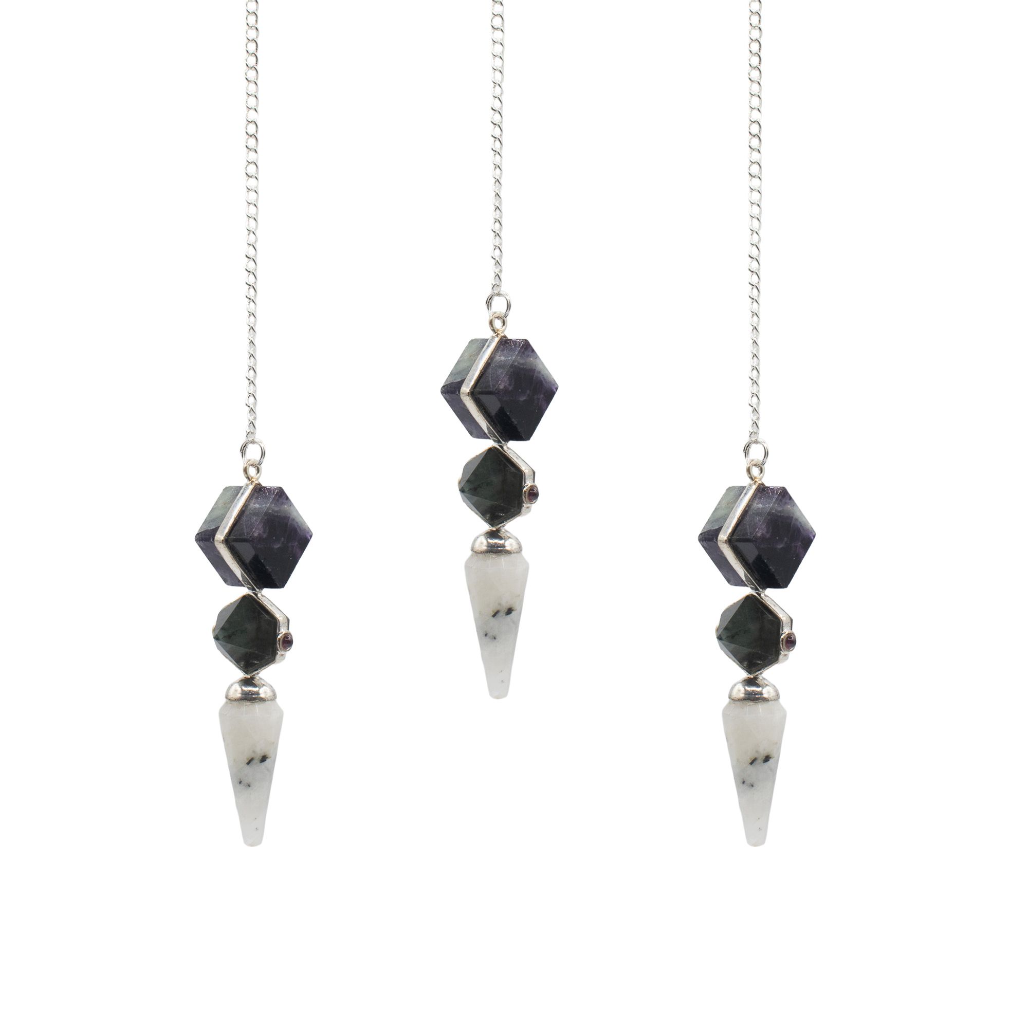 Pendule Le Portail Psychique, fluorite multicolore, labradorite et pierre de lune arc-en-ciel – Lumen Arca