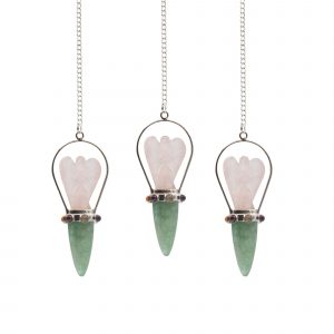 Pendule ange en quartz rose avec pointe en aventurine verte et bracelet 7 chakras – coffret Oracle du Cœur Lumen Arca