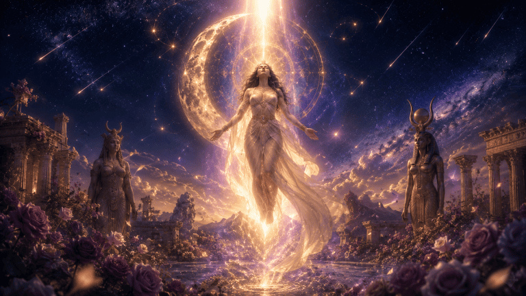 Illustration cinématographique panoramique représentant une figure féminine lumineuse s’élevant dans une lumière dorée et violette, les bras ouverts et le visage tourné vers le ciel. Elle est entourée d’un croissant de lune, de roses, d’une chouette, d’un cerf et de symboles inspirés de différentes traditions spirituelles anciennes. Un halo de géométrie sacrée rayonne derrière elle tandis qu’une pluie d’étoiles traverse un ciel cosmique indigo et violet. L’ensemble évoque le féminin sacré, la mère divine, l’ascension spirituelle et l’union de plusieurs archétypes de déesses.