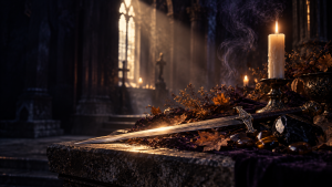 Saint-Michel 29 septembre, archange de la protection, bougie et épée sur un autel — Lumen Arca