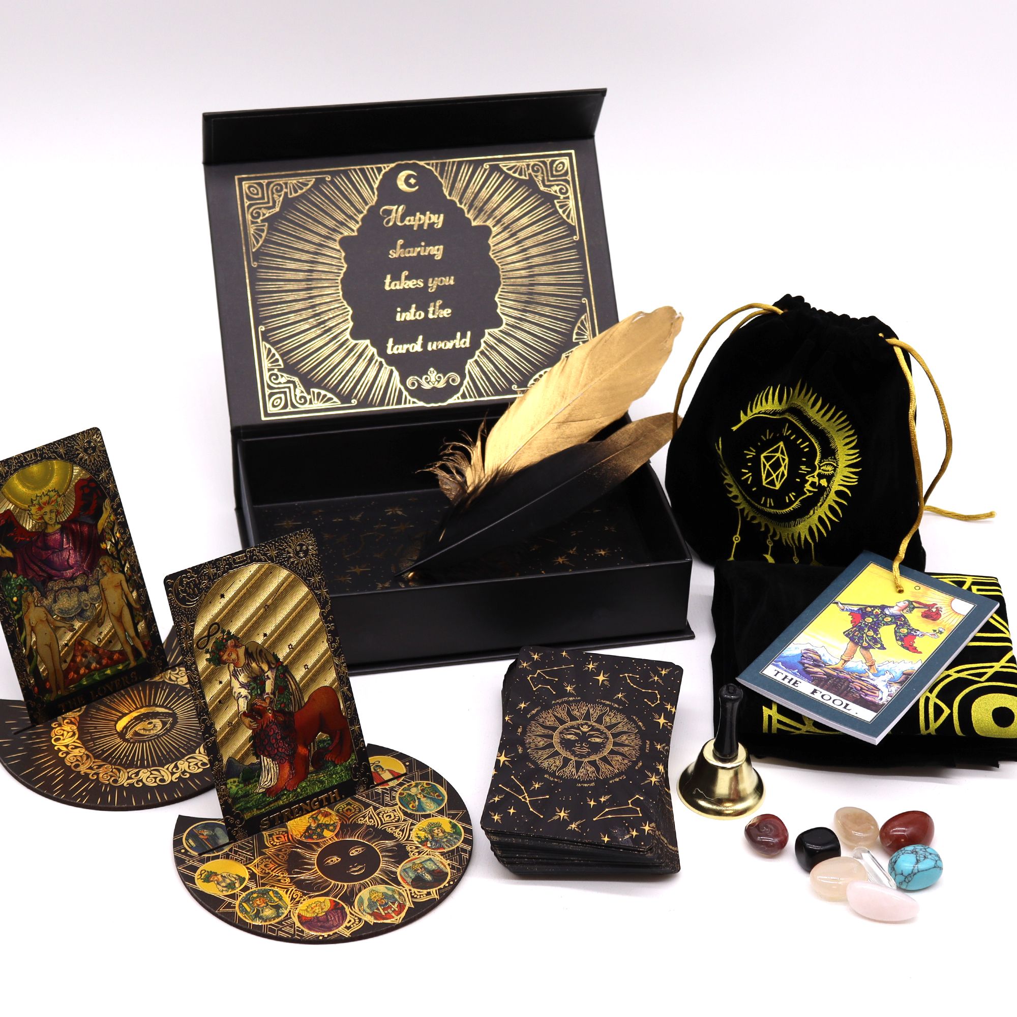 Coffret tarot complet à la feuille d'or avec 78 cartes, guide, cloche rituelle et pierres de divination - Lumen Arca