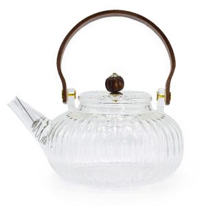 Théière en verre côtelé transparent avec infuseur et anse en bois