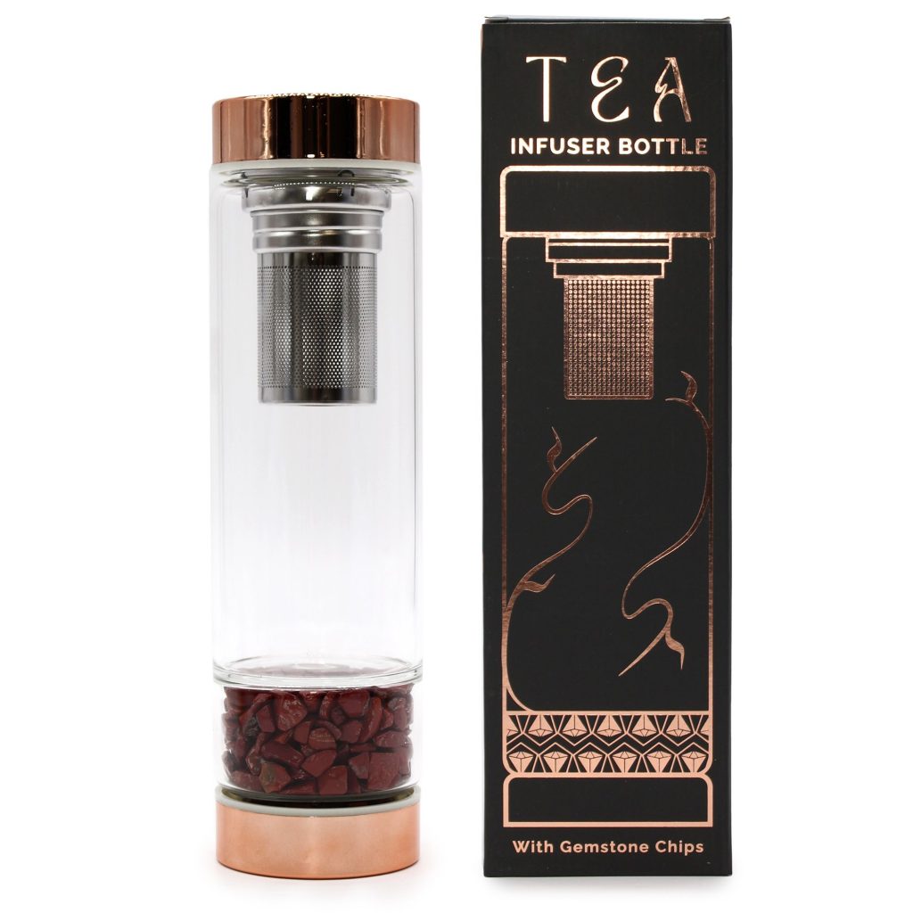 Bouteille infuseur à thé en verre avec bouchon or rose et pierres de jaspe rouge, avec son emballage - Lumen Arca