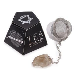 Passoire à thé en acier inoxydable avec pierre de quartz fumé brute suspendue, avec son coffret pyramidal - Lumen Arca