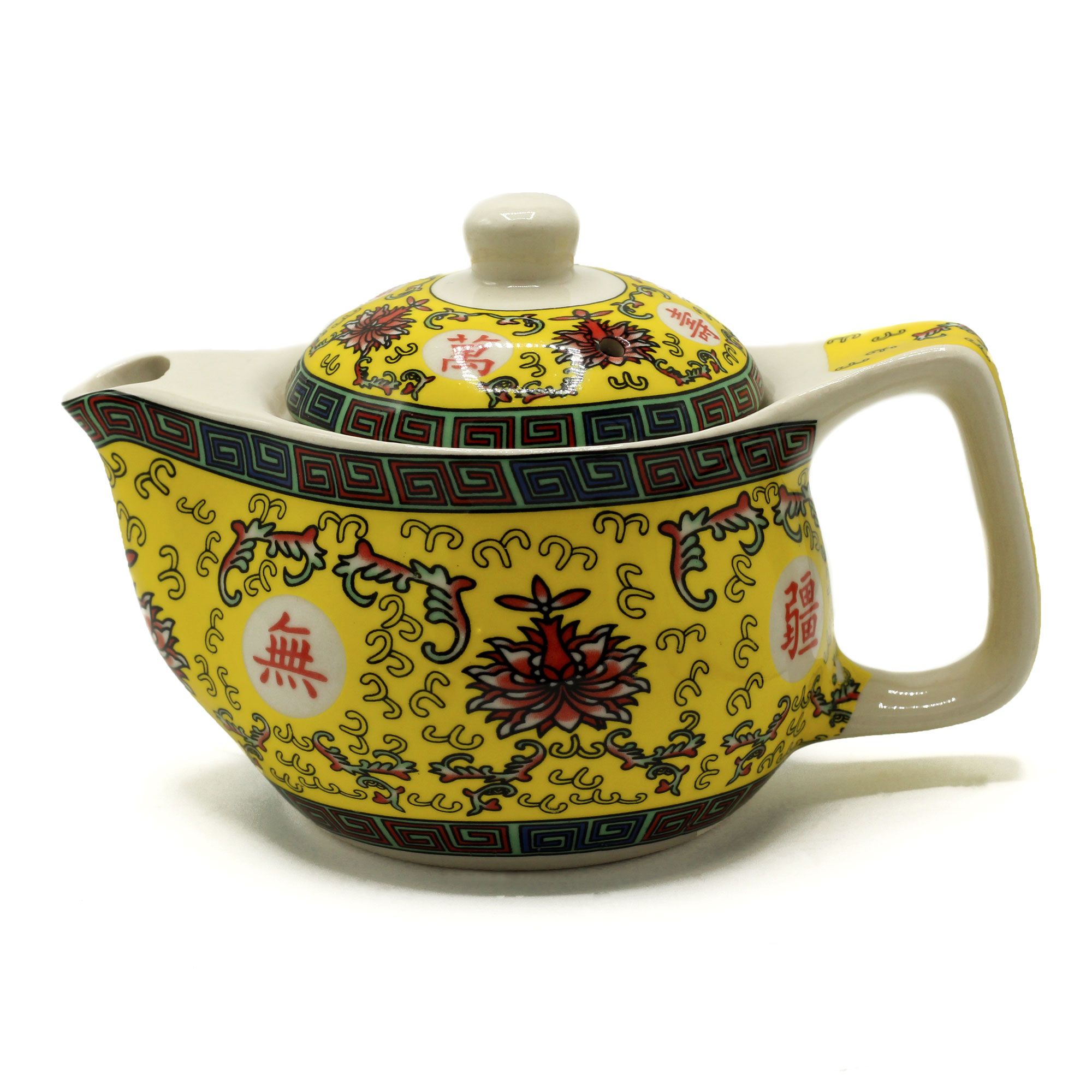 Théière en céramique jaune à motifs traditionnels chinois, vue d'ensemble