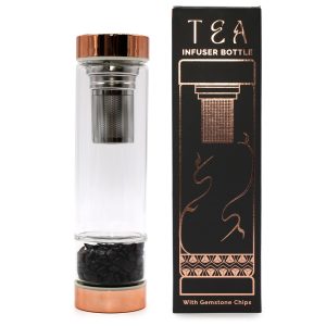 Bouteille infuseur à thé en verre avec bouchon or rose et pierres d'onyx naturelles - Lumen Arca