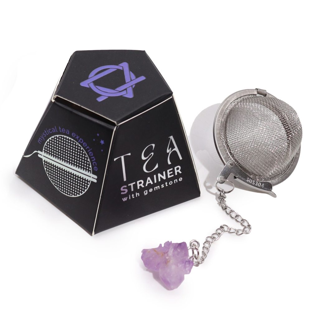 Passoire à thé en acier inoxydable avec grappe d'améthyste brute suspendue, avec son coffret - Lumen Arca