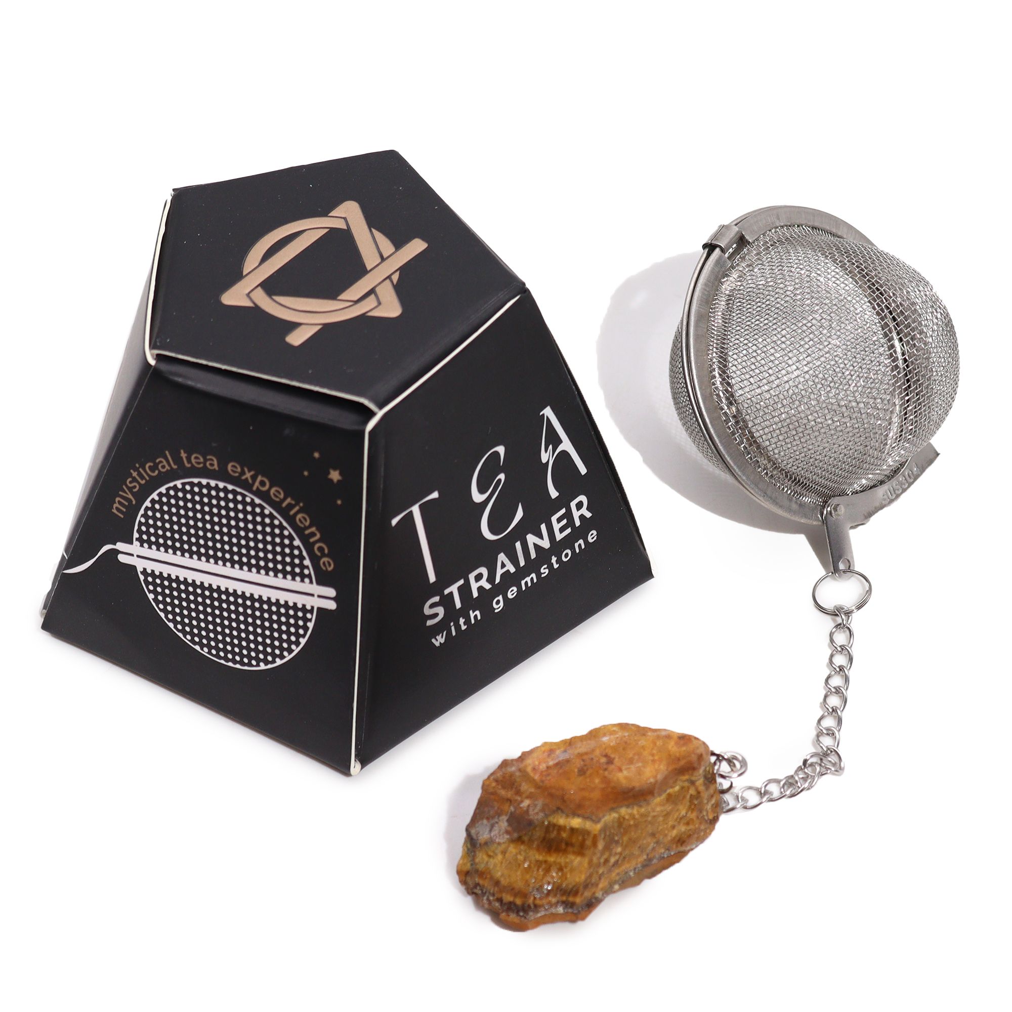 Passoire à thé en acier inoxydable avec pierre d'œil de tigre brute suspendue, avec son coffret pyramidal - Lumen Arca